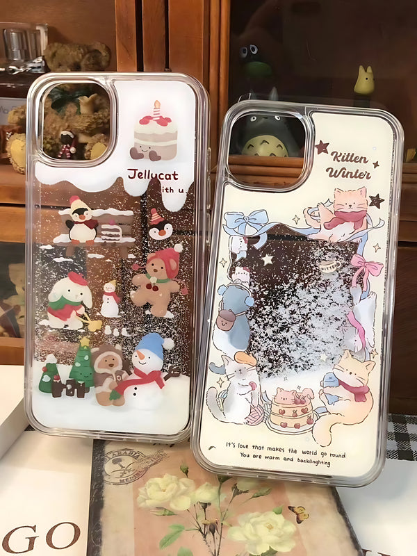 Video Effect：Flowing Snow Collection - Ribbon Kitty & Penguin Cake Phone Case (Applicable to iPhone 15-11)
