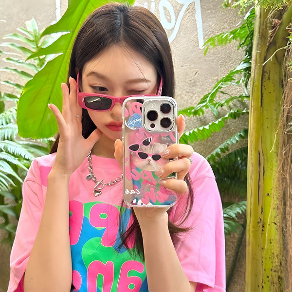 Silver Mirror Surface - Cat with Pink Sunglasses Phone Case  (Applicable to iPhone 15-11)